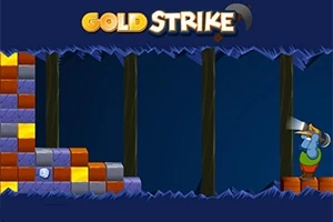 Miner într-o galerie subterană, pregătit să arunce un târnăcop spre blocurile colorate din stânga