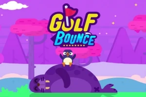 Un pinguin stă pe un animal mov întins, cu fundal de copaci roz și munți violeți
