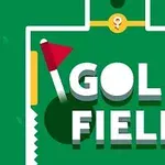 Textul GOLF FIELD pe un fundal verde cu un steag roșu de golf stilizat