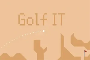 Un fundal bej cu textul Golf IT și o bilă de golf albă pe traiectoria unei lovituri în aer, lângă o structură geometrică și un steguleț