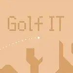 Un fundal bej cu textul Golf IT și o bilă de golf albă pe traiectoria unei lovituri în aer, lângă o structură geometrică și un steguleț