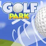 Minge de golf în mișcare cu textul GOLF PARK pe un fundal albastru cu nori