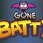 Ilustrație cu textul Gone Batty și un liliac drăguț cu aripi mov deasupra