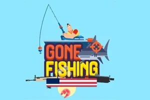 Un om într-o barcă pescuiește deasupra cuvintelor Gone Fishing, cu un rechin stilizat și un steag american combinate cu o armă în fundal