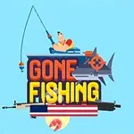 Un om într-o barcă pescuiește deasupra cuvintelor Gone Fishing, cu un rechin stilizat și un steag american combinate cu o armă în fundal