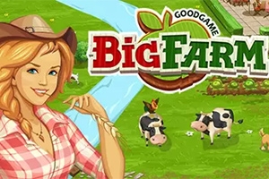 O tânără în cămașă în carouri și pălărie de cowboy stă lângă un câmp verde cu vaci și un râu, având sigla Goodgame Big Farm alături