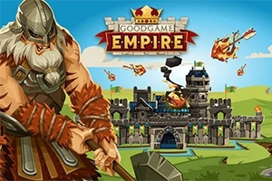 Goodgame Empire Un războinic cu cască de viking și un ciocan în mână în fața unui castel asediat de catapulte și mingi de foc
