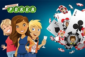 Personaje animate zâmbitoare cu jetoane de poker și cărți pe un fundal albastru