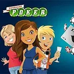 Personaje animate zâmbitoare cu jetoane de poker și cărți pe un fundal albastru