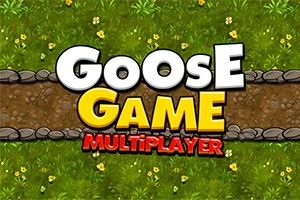 Textul Goose Game Multiplayer pe un fundal de iarbă verde și potecă pietruită