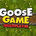Textul Goose Game Multiplayer pe un fundal de iarbă verde și potecă pietruită