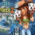 Femeie îmbrăcată în stil western, ținând cărți de poker, într-un decor urban și colorat