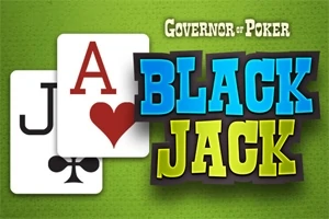 Două cărți de joc, as de inimă roșie și valet de treflă, pe un fundal verde, cu textul Black Jack în culori mari și luminoase