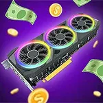 O placă grafică cu trei ventilatoare și iluminare RGB, înconjurată de bancnote și monede pe un fundal mov