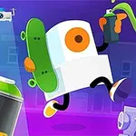 Un personaj animat cu formă geometrică ține un skateboard și o cutie de spray verde, înconjurat de clădiri stilizate și un dronă în fundal