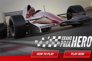 Mașină de curse roșu-negru pe o pistă cu titlul Grand Prix Hero și butoane de How to Play și Play Now