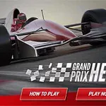 Mașină de curse roșu-negru pe o pistă cu titlul Grand Prix Hero și butoane de How to Play și Play Now