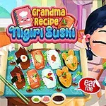 O fetiță zâmbitoare lângă o tavă cu diferite tipuri de sushi și un telefon care afișează o rețetă