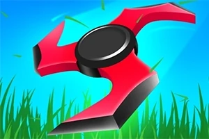 Spinner roșu cu trei lame negre pe fundal albastru cu iarbă verde