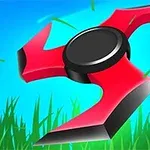 Spinner roșu cu trei lame negre pe fundal albastru cu iarbă verde