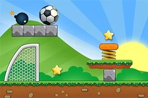 O minge de fotbal și o bombă așezate pe platforme din piatră, cu un fundal de coline verzi, un cer senin și un soare răsărind, alături de o poartă de fotbal și stele galbene plutind în aer