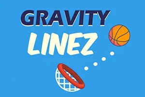 Textul Gravity Linez pe un fundal albastru, alături de o minge de baschet și un coș