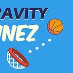 Textul Gravity Linez pe un fundal albastru, alături de o minge de baschet și un coș