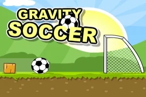 Minge de fotbal lângă o poartă de fotbal, cu textul Gravity Soccer și un fundal format din cer senin și dealuri verzi