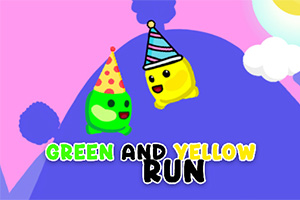 Două creaturi desenate, una verde și alta galbenă, poartă pălării de petrecere pe un fundal colorat, cu textul Green and Yellow Run dedesubt