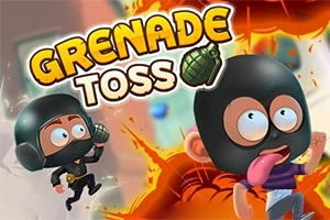 Personaje animate cu căști negre aruncând grenade, cu un fundal exploziv și titlul Grenade Toss