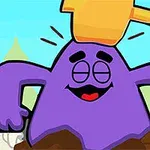 Personaj violet cu brațele ridicate, lovit pe cap de un ciocan portocaliu pe fundal albastru cu siluete verzi