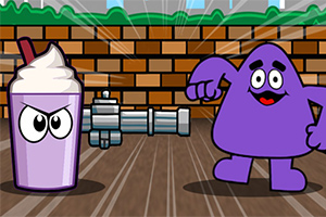Un personaj violet și o băutură de milkshake cu ochi furioși stau pe un fundal cu un zid de cărămidă, alături de un tun metalic