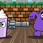 Un personaj violet și o băutură de milkshake cu ochi furioși stau pe un fundal cu un zid de cărămidă, alături de un tun metalic