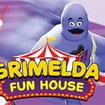 Personaj violet care fuge printre milkshake-uri gigantice și logo-ul Grimelda Fun House în prim-plan