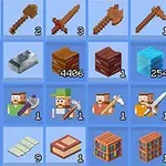 Grilă cu diverse obiecte pixelate, inclusiv unelte, blocuri, cărți și personaje cu aspect pătrățos