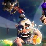 Trei personaje animate în acțiune, un miner cu lanternă purtând o cască mov, un bărbat cu o armă cu săgeți și un personaj chel cu barba albă ținând un cristal portocaliu, pe un fundal întunecat cu accente luminoase
