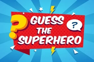 Textul Guess the Superhero pe un fundal albastru cu fulgere și semne de întrebare