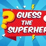 Textul Guess the Superhero pe un fundal albastru cu fulgere și semne de întrebare