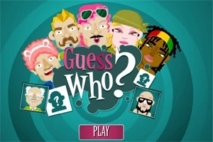 Ilustrație colorată cu șase fețe de personaje stilizate și textul „Guess Who?