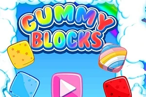 Text colorat Gummy Blocks pe fundal albastru, înconjurat de blocuri colorate și nori albi