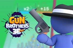 Personaj albastru de desen animat ținând un pistol, cu un logo colorat „Gun Brothers 3D” în stânga