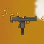 Armă automată cu glonț tras, flacără și fum pe fundal portocaliu