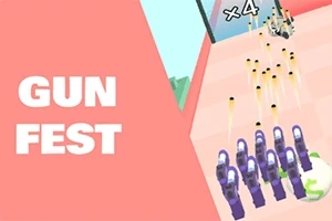 Un fundal roz cu text alb GUN FEST în stânga și mai multe arme vizibile pe o platformă înclinată spre dreapta