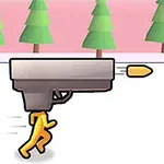 Personaj galben care evadează dintr-un pistol uriaș lângă o sticlă cu bancnote, într-un peisaj cu brazi