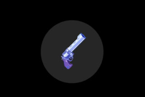 Un revolver stilizat de culoare albastră și violet pe un fundal negru