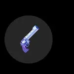 Un revolver stilizat de culoare albastră și violet pe un fundal negru