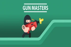 Personaj îmbrăcat în negru, ținând o armă roșie pe un fundal verde, cu textul „GUN MASTERS” deasupra