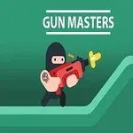 Personaj îmbrăcat în negru, ținând o armă roșie pe un fundal verde, cu textul „GUN MASTERS” deasupra