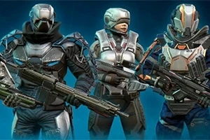 Trei personaje futuriste în armuri detașate, ținând arme avansate, pe un fundal albastru