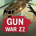 Un elicopter zboară deasupra unui zombi care este împușcat, în timp ce textul GUN WAR Z2 apare pe fundal